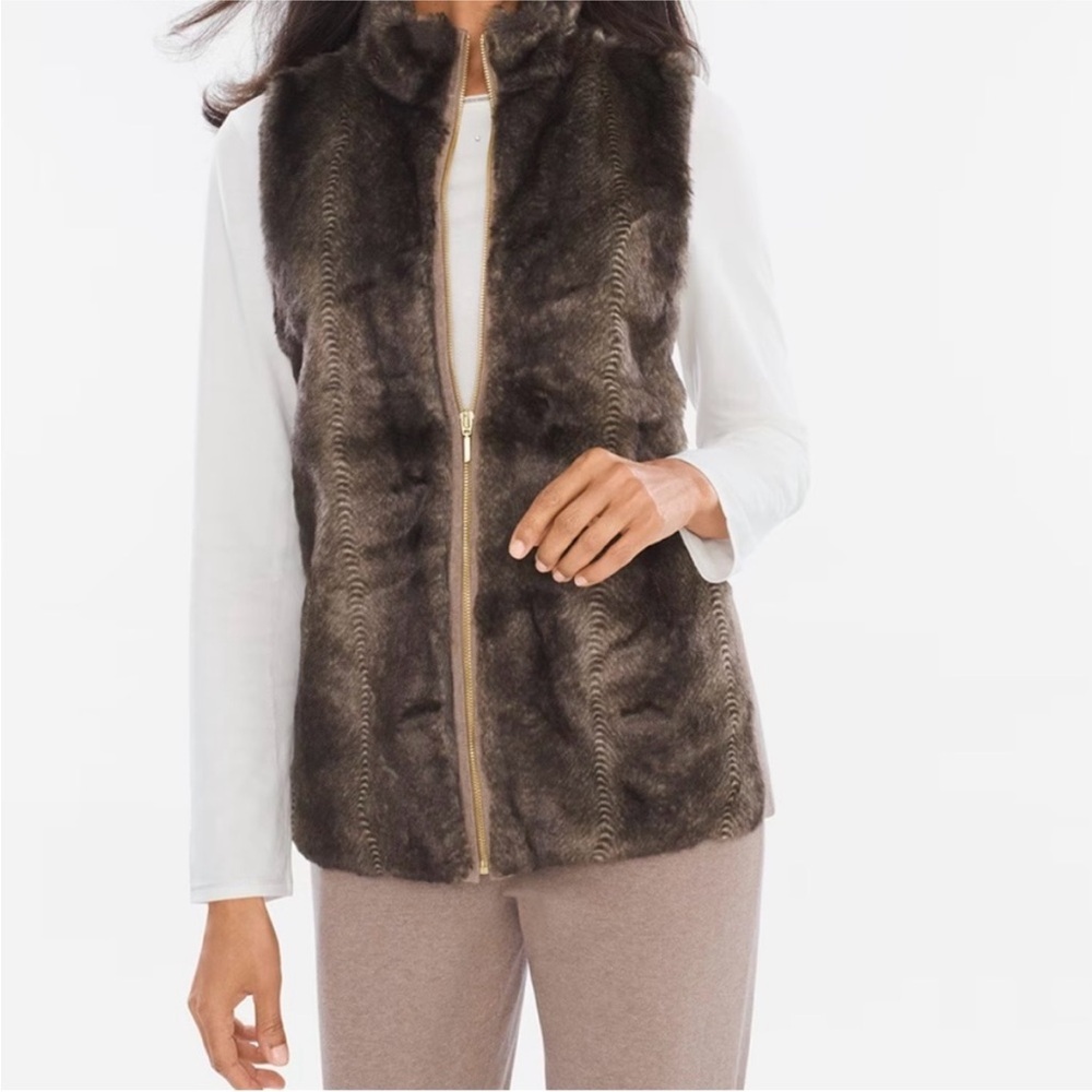 Chico’s Zenergy Faux Fur Zip Front Vest Cashmere Blend Brown Neutral Classic 2 L